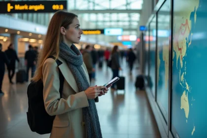 Jeune femme à Gatwick étudiant une carte interactive