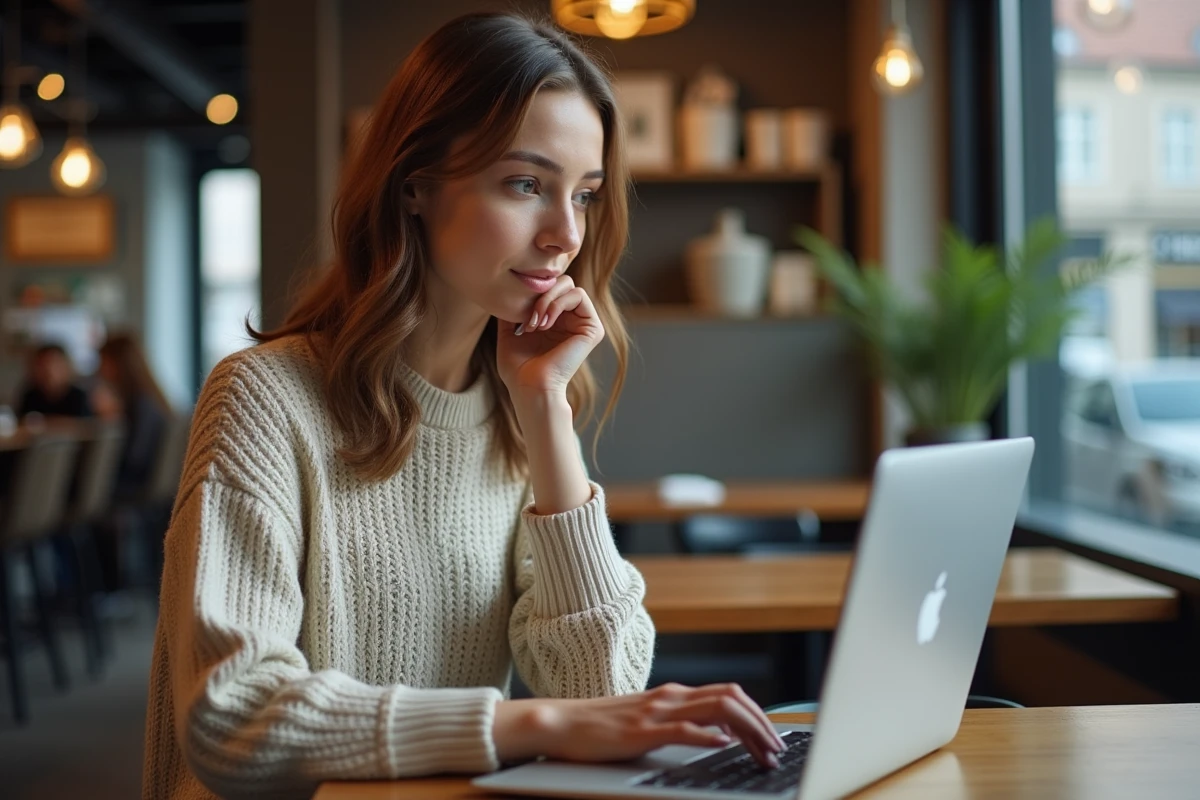 Jeune femme au café cherchant des hôtels sur son ordinateur