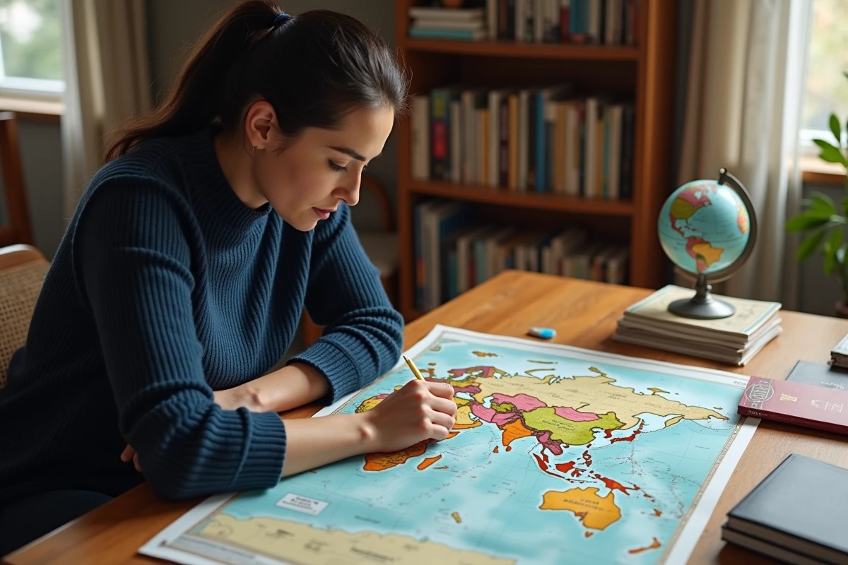 Femme étudiant une carte du monde imprimée sur un bureau en bois avec des guides de voyage et un passeport, planifiant un voyage au Groenland