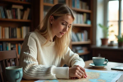 Femme consultant une carte papier de Normandie pour préparer ses vacances, assise à une table en bois avec un café