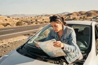 Femme consultant une carte routière sur le bord de la route entre Los Angeles et San Francisco