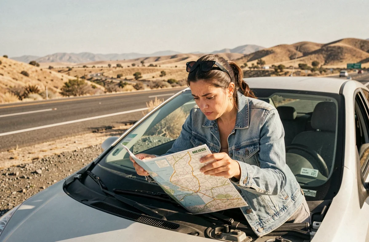 Femme consultant une carte routière sur le bord de la route entre Los Angeles et San Francisco