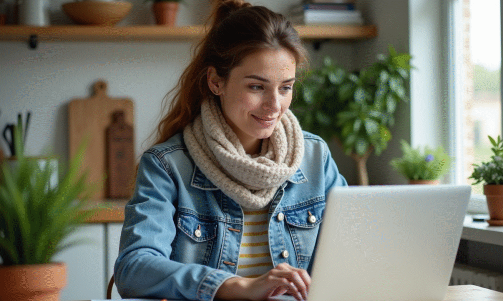 Femme en cuisine avec ordinateur et pin Ryanair