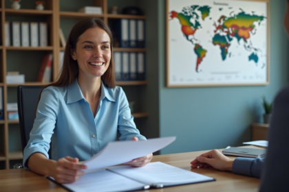 Femme souriante remettant des documents dans un bureau officiel