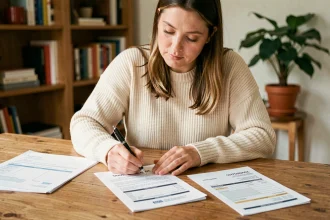 Femme consultant un devis d'assurance voyage sur des documents imprimés à la maison