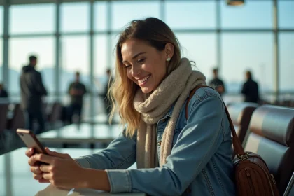 Jeune femme souriante utilisant une eSIM à l'aéroport