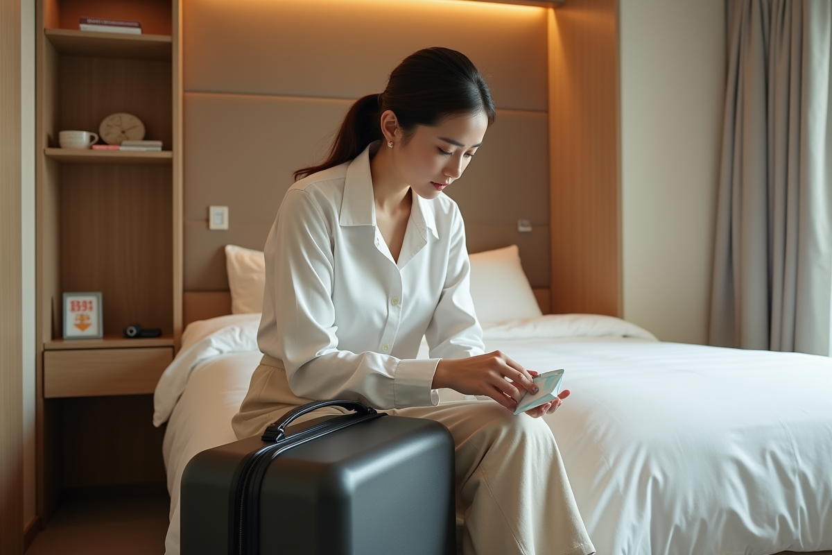 Femme dans sa chambre capsule découvre un shampoing offert