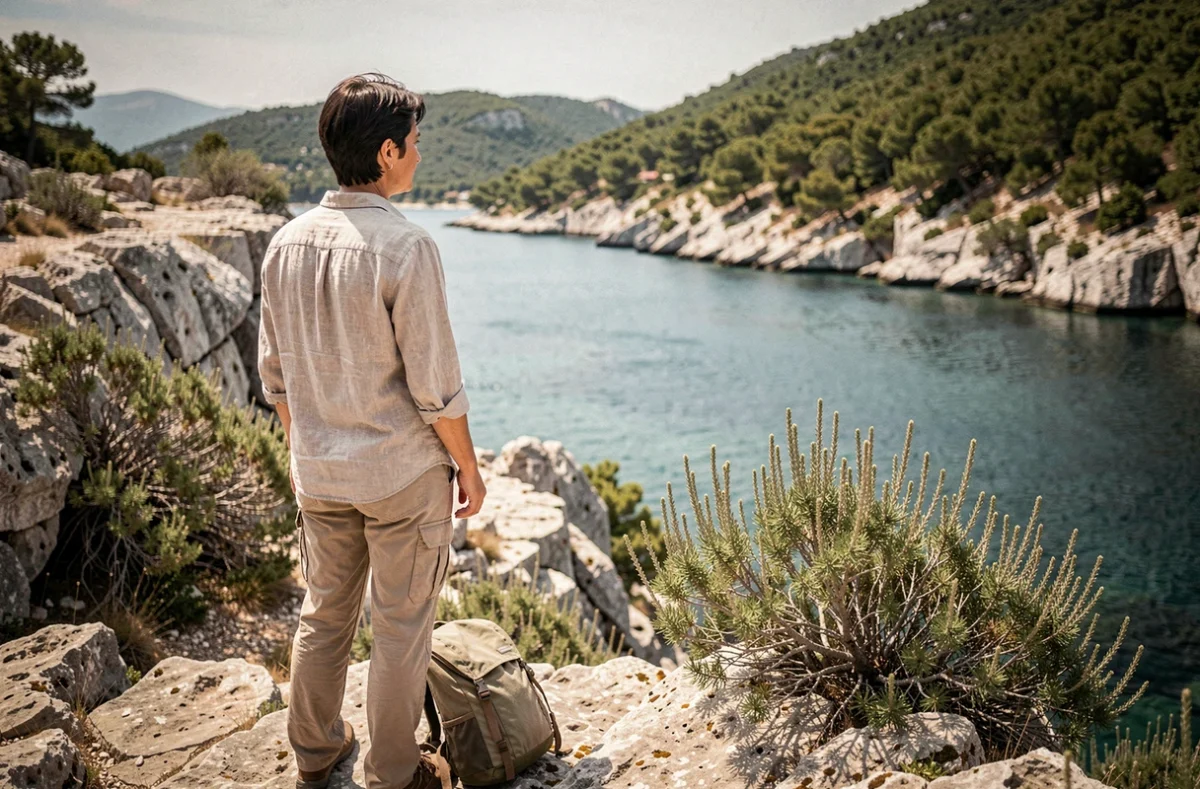Femme observant le canal entre les deux lacs salés de Mljet depuis une falaise calcaire, Parc national de Croatie