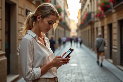 Femme consultant Google Maps itinéraire à pied sur smartphone dans une ruelle pavée européenne
