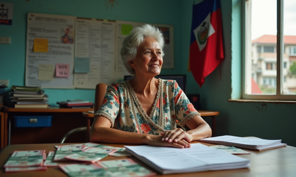Femme haïtienne en robe florale avec billets et documents