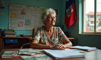 Femme haïtienne en robe florale avec billets et documents