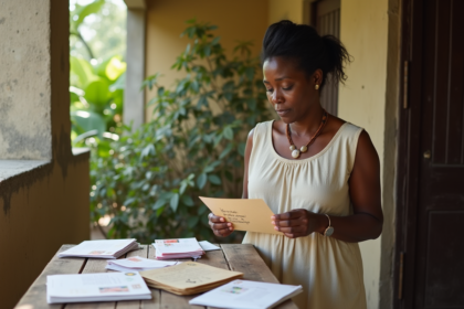 Femme haïtienne tenant une enveloppe avec timbres