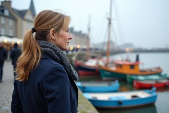 Femme en manteau bleu regardant le port d'Honfleur