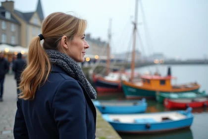 Femme en manteau bleu regardant le port d'Honfleur
