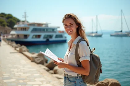 Jeune femme au port méditerranéen avec guide et ferry