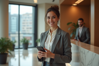 Femme souriante en blazer vérifiant son smartphone à la réception d'hôtel