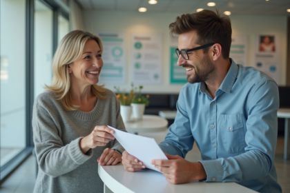 Femme espagnole parlant à la réception d'une clinique
