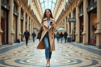 Femme en trench admire le sol mosaïque à la Galerie Vivienne