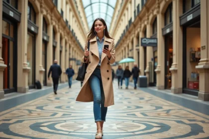 Femme en trench admire le sol mosaïque à la Galerie Vivienne