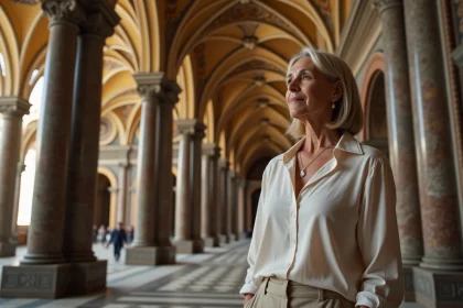 Femme dans la cathédrale Monreale admire les mosaïques dorées
