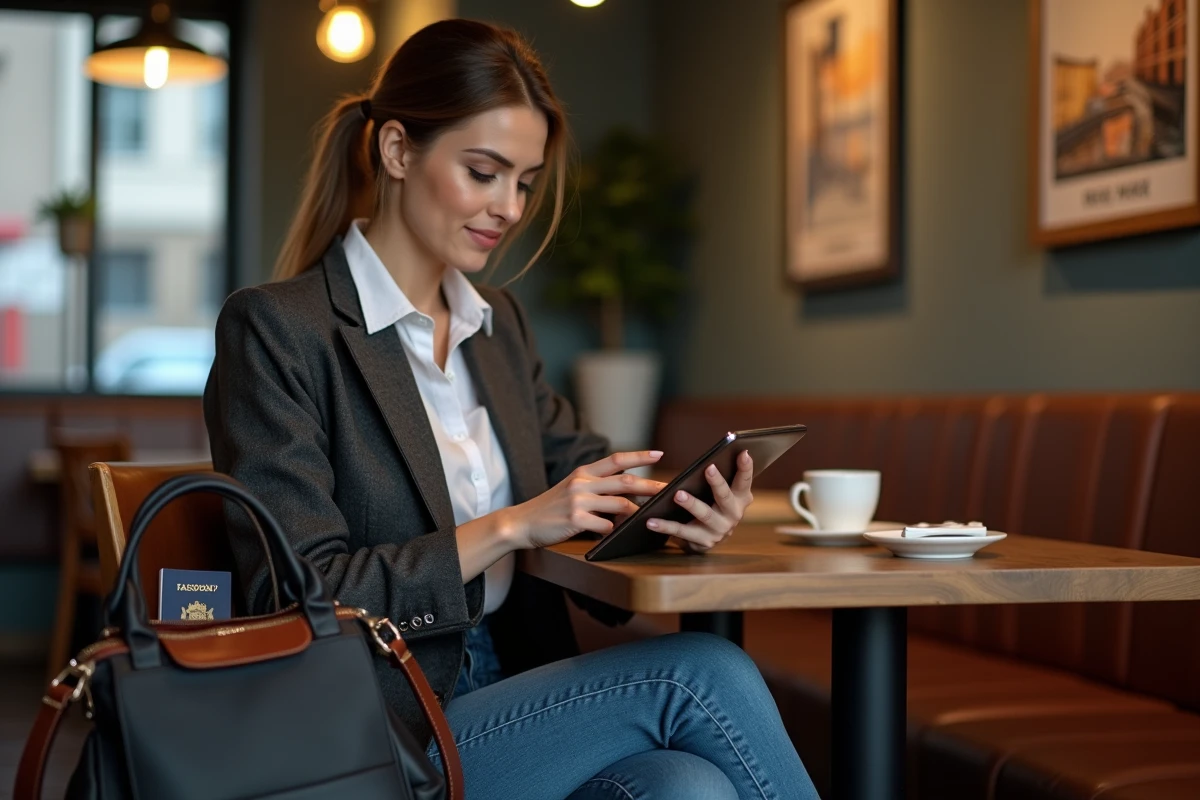 Femme confiante utilisant sa tablette pour payer au café