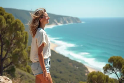 Jeune femme regardant l'océan sur la côte est d'Australie