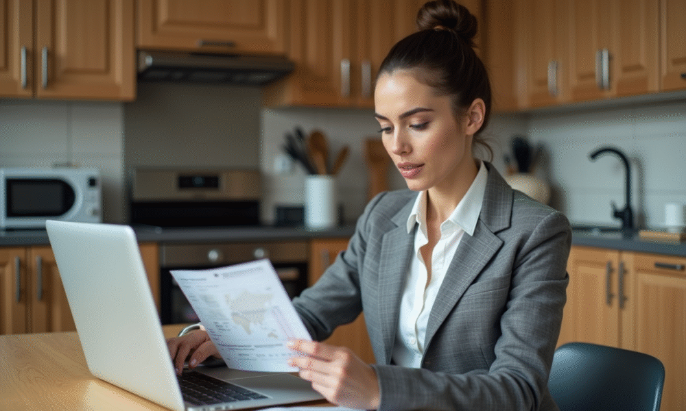 Femme examinant un permis de conduire international à la maison