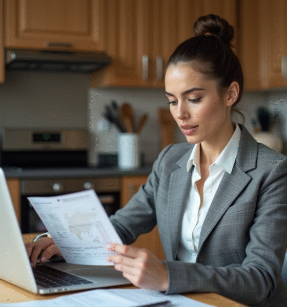 Femme examinant un permis de conduire international à la maison