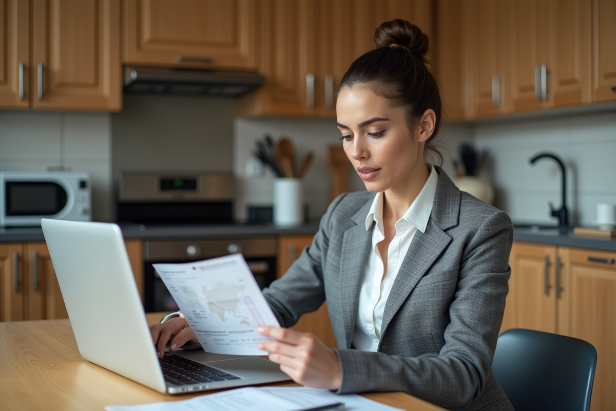 Femme examinant un permis de conduire international à la maison