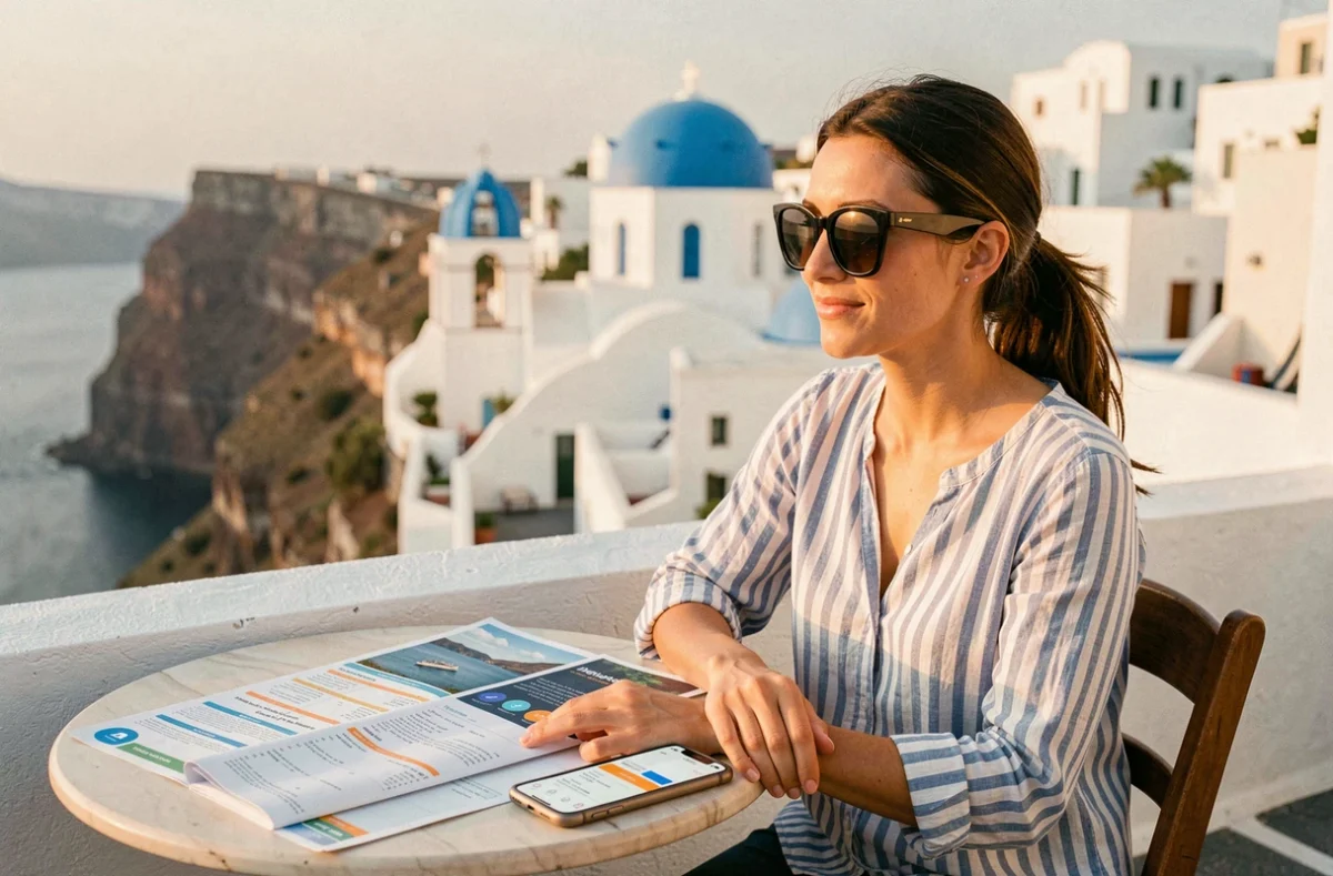 Femme planifiant sa croisière en Grèce depuis une terrasse à Santorin avec brochures et smartphone