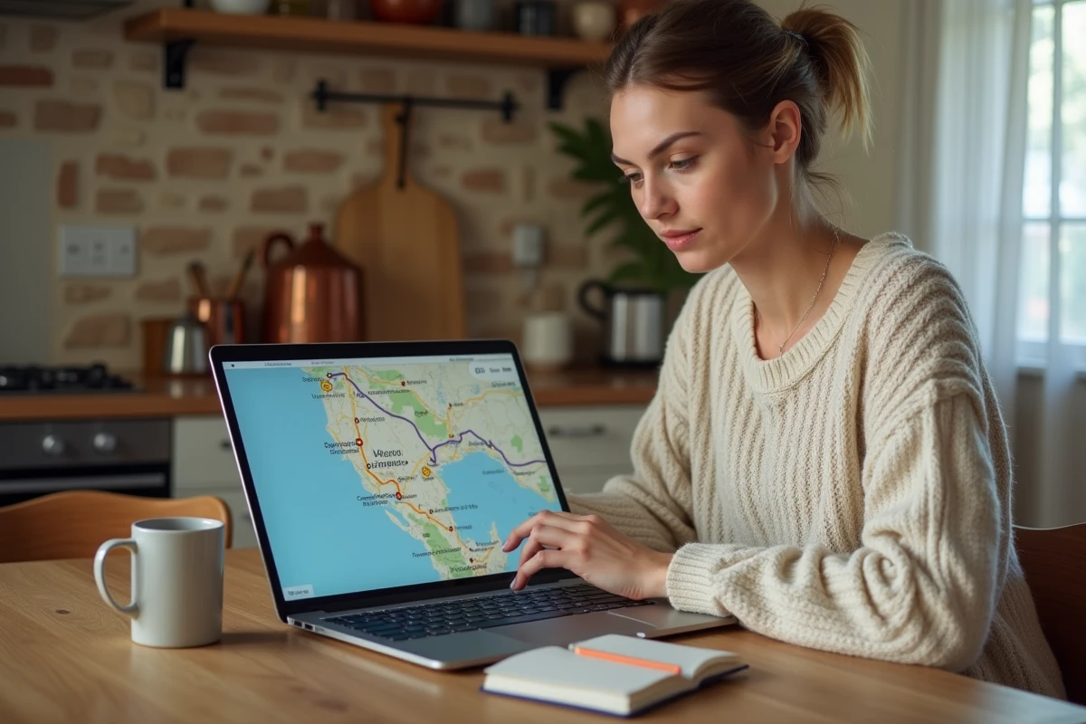 Femme planifiant un itinéraire de week-end sur ordinateur avec Mappy dans un appartement français