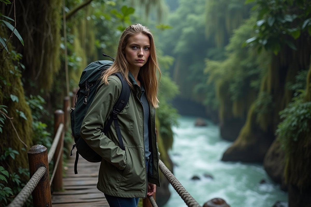 Jeune femme sur un pont en jungle tropicale