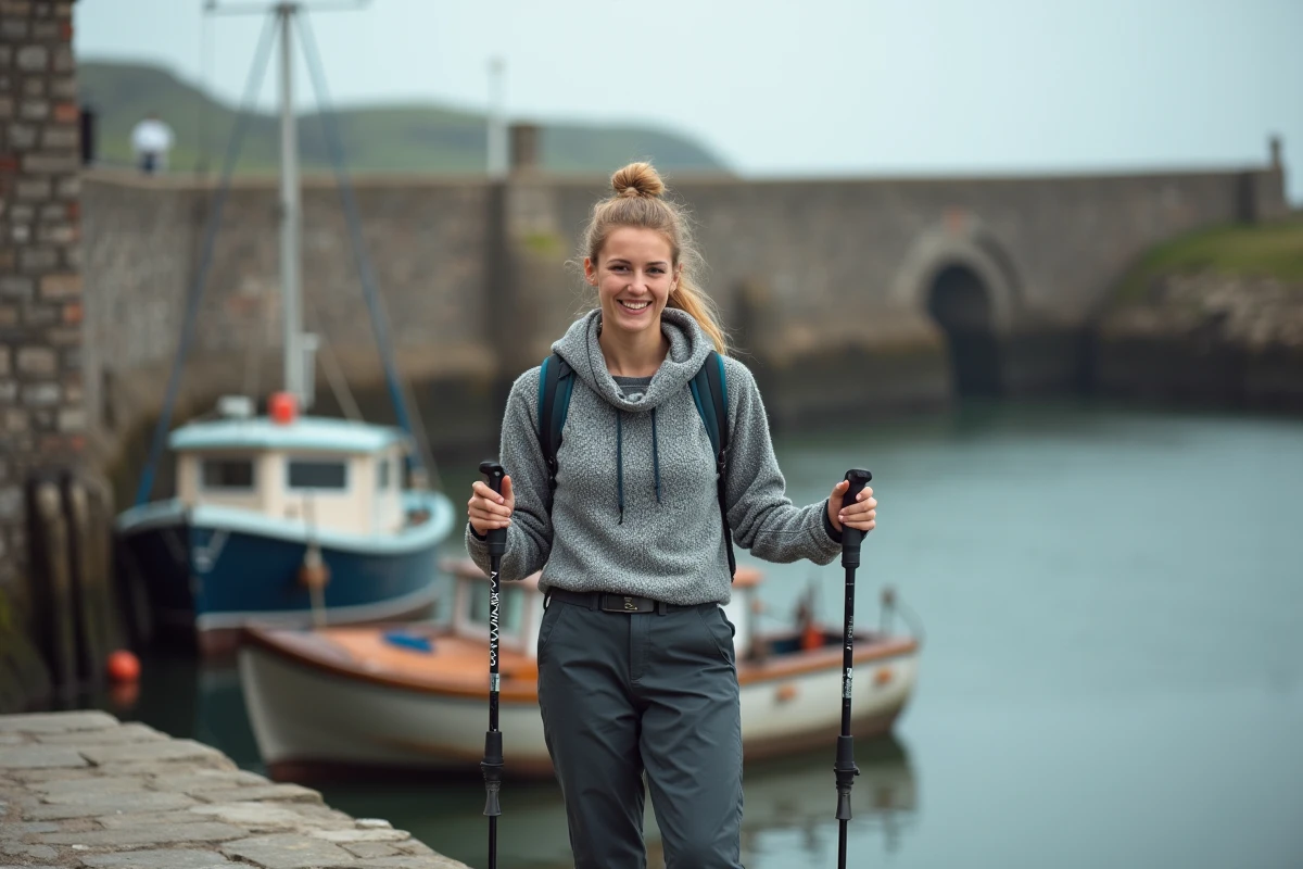 Jeune femme souriante au quai d Étel avec bateaux de pêche