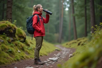 Jeune femme en randonnée buvant dans une bouteille réutilisable