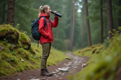 Jeune femme en randonnée buvant dans une bouteille réutilisable