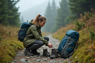 Jeune femme vérifiant son sac à dos en pleine nature