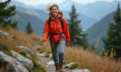 Femme randonneuse souriante en montagne avec veste colorée