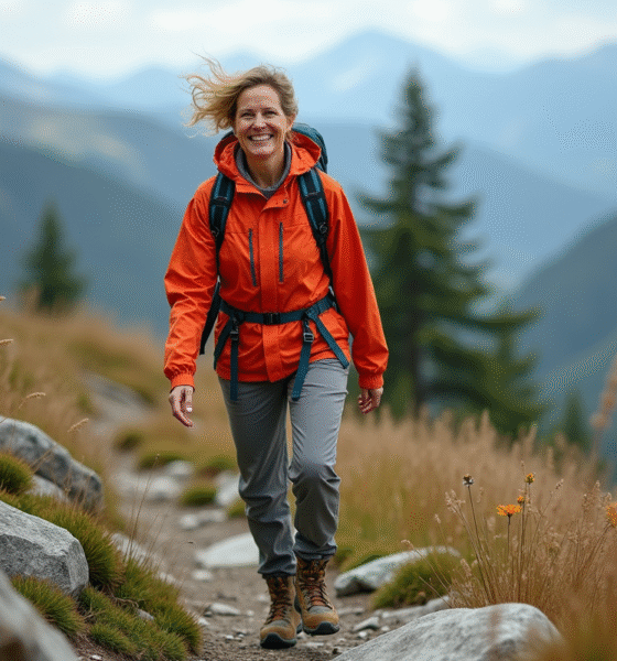 Femme randonneuse souriante en montagne avec veste colorée