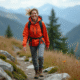Femme randonneuse souriante en montagne avec veste colorée