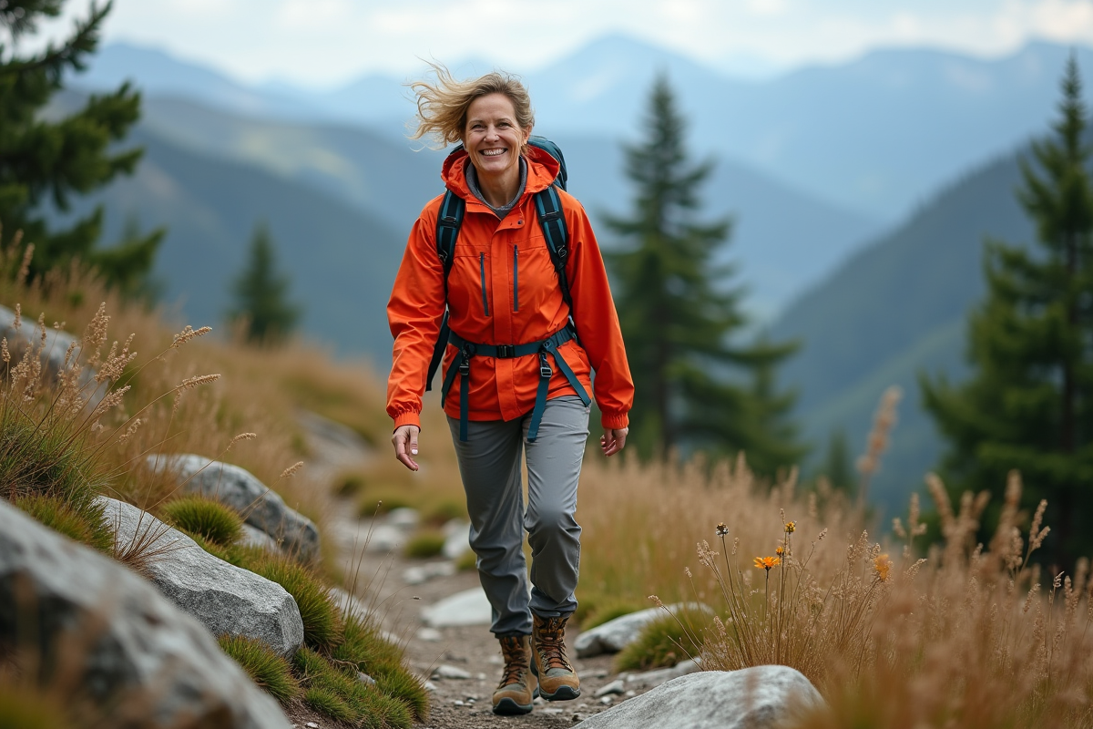 Femme randonneuse souriante en montagne avec veste colorée