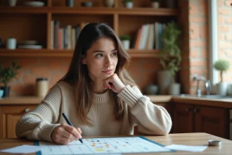 Femme concentrée cherchant une ville en X sur des notes de jeu de société à une table en bois
