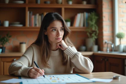 Femme concentrée cherchant une ville en X sur des notes de jeu de société à une table en bois