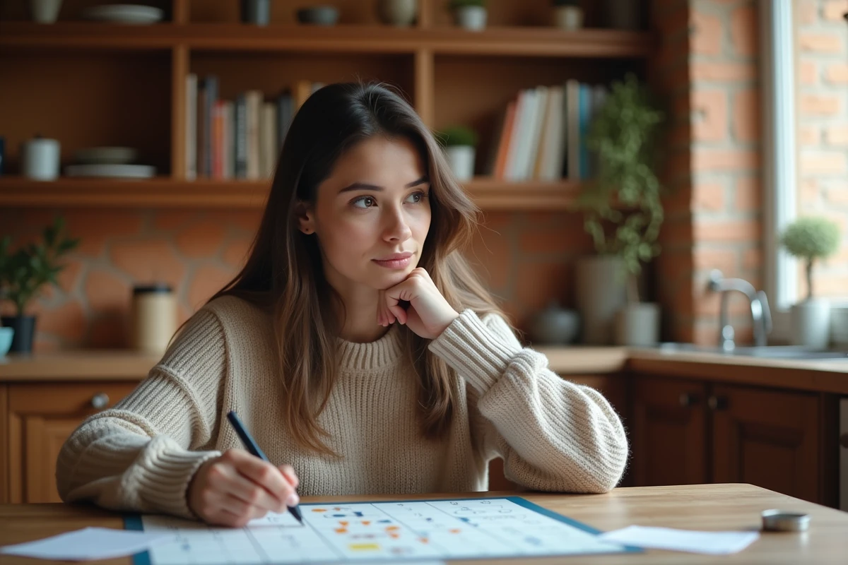 Femme concentrée cherchant une ville en X sur des notes de jeu de société à une table en bois