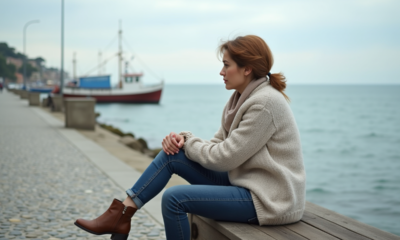 Femme méditative sur un banc face à la mer calme