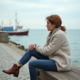 Femme méditative sur un banc face à la mer calme