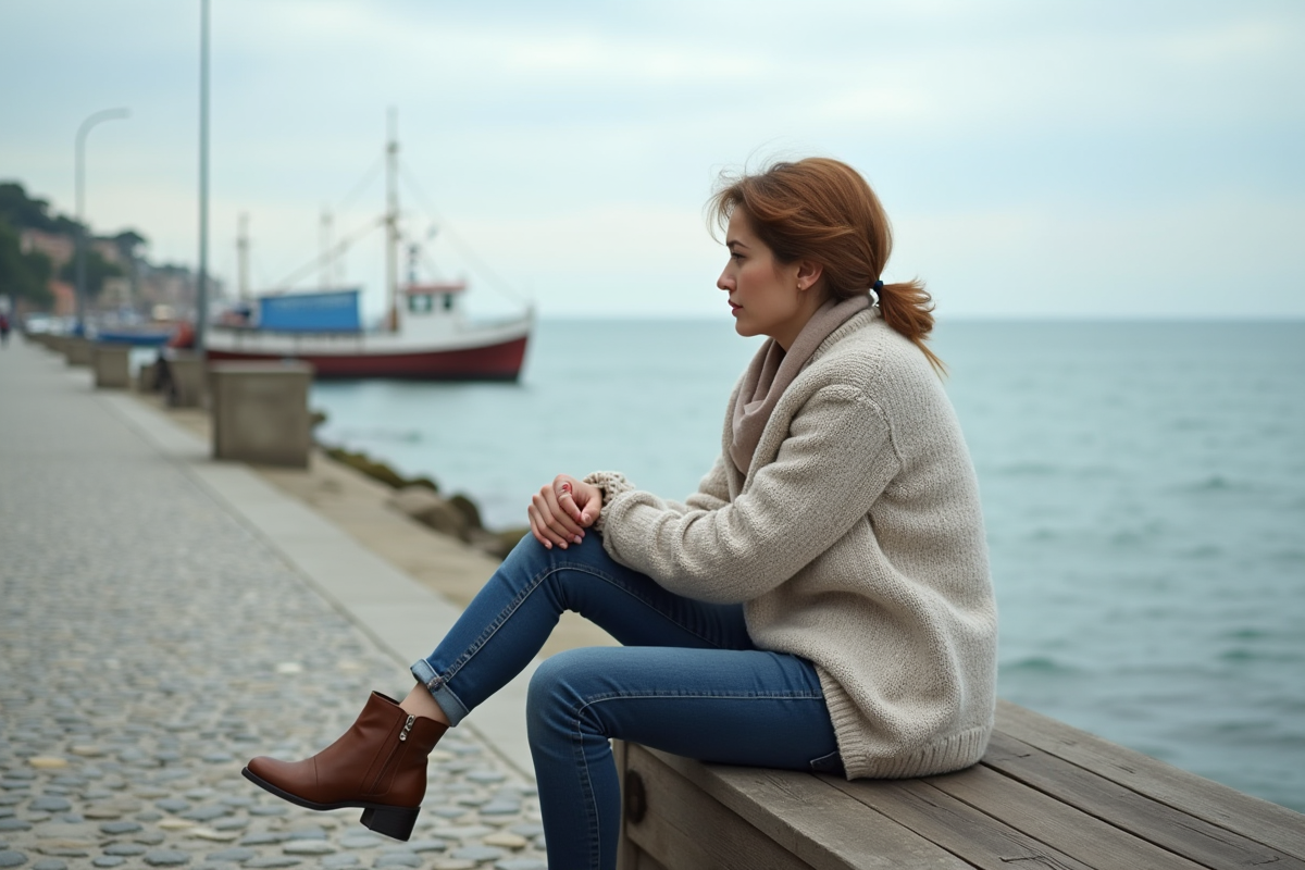 Femme méditative sur un banc face à la mer calme