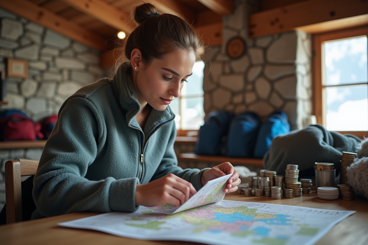 Jeune femme au refuge comptant des pièces et regardant la carte