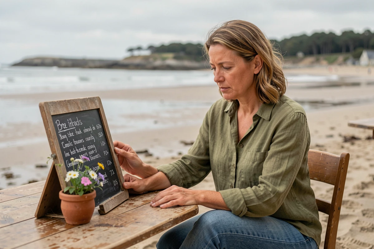 Femme consultant la carte d'un restaurant en terrasse face à la mer à Conleau, Vannes