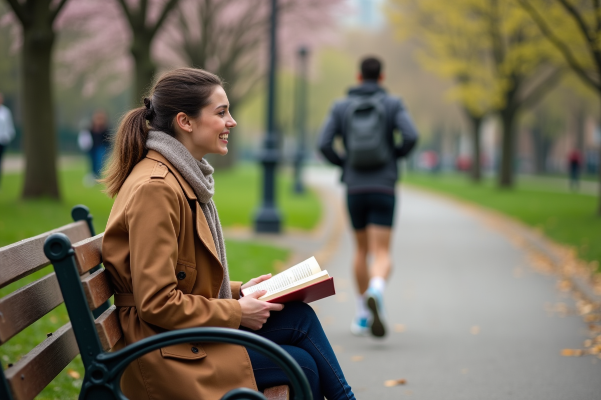 Femme en trench coat souriant dans un parc printanier