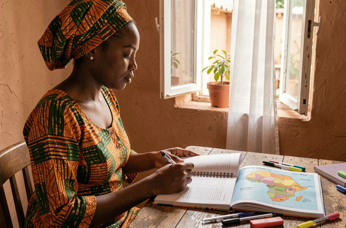 Jeune femme sénégalaise étudiant la géographie du Sénégal et ses pays limitrophes dans un manuel scolaire francophone